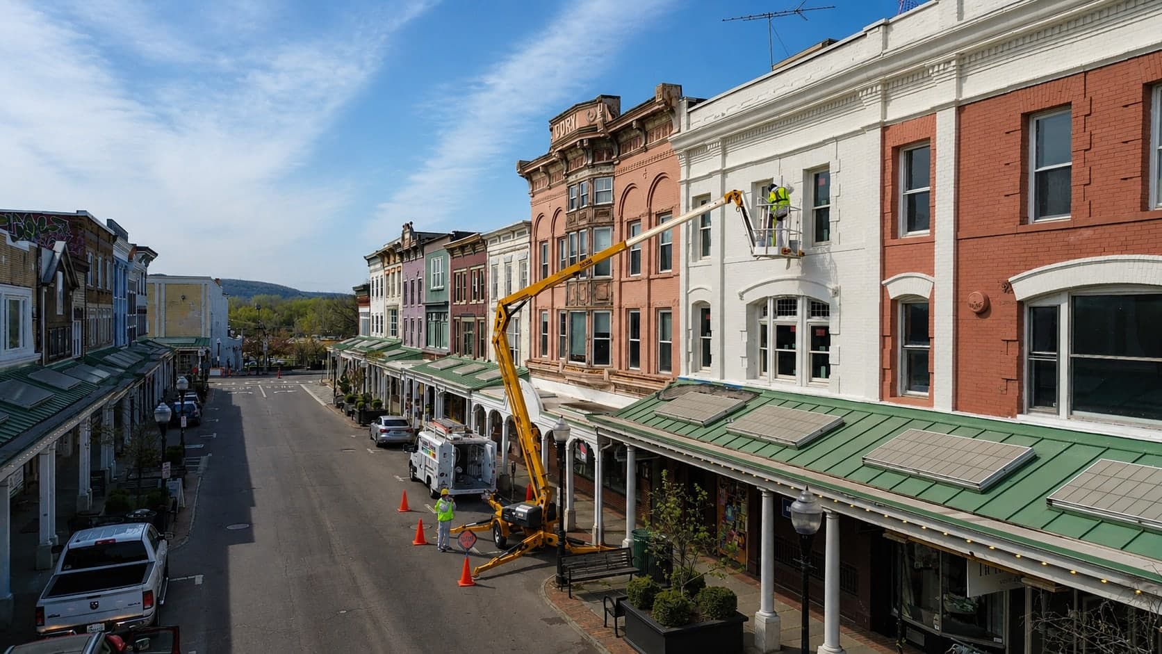 Historic Main Street block with lift access set up for upper-facade work above trading storefronts