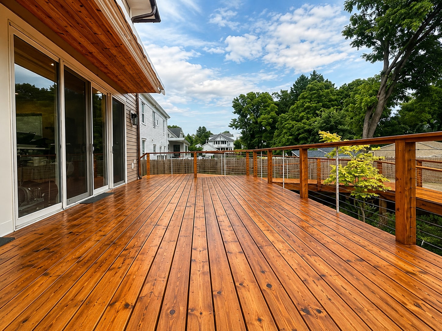 Freshly stained cedar deck with a cable railing, the grain and colour brought back out of the wood