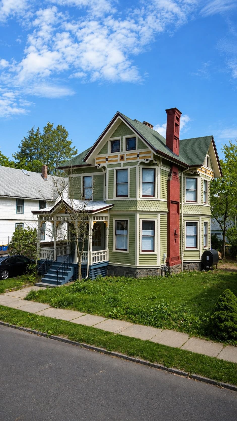 Green Victorian street elevation with painted trim, porch and bay window detail