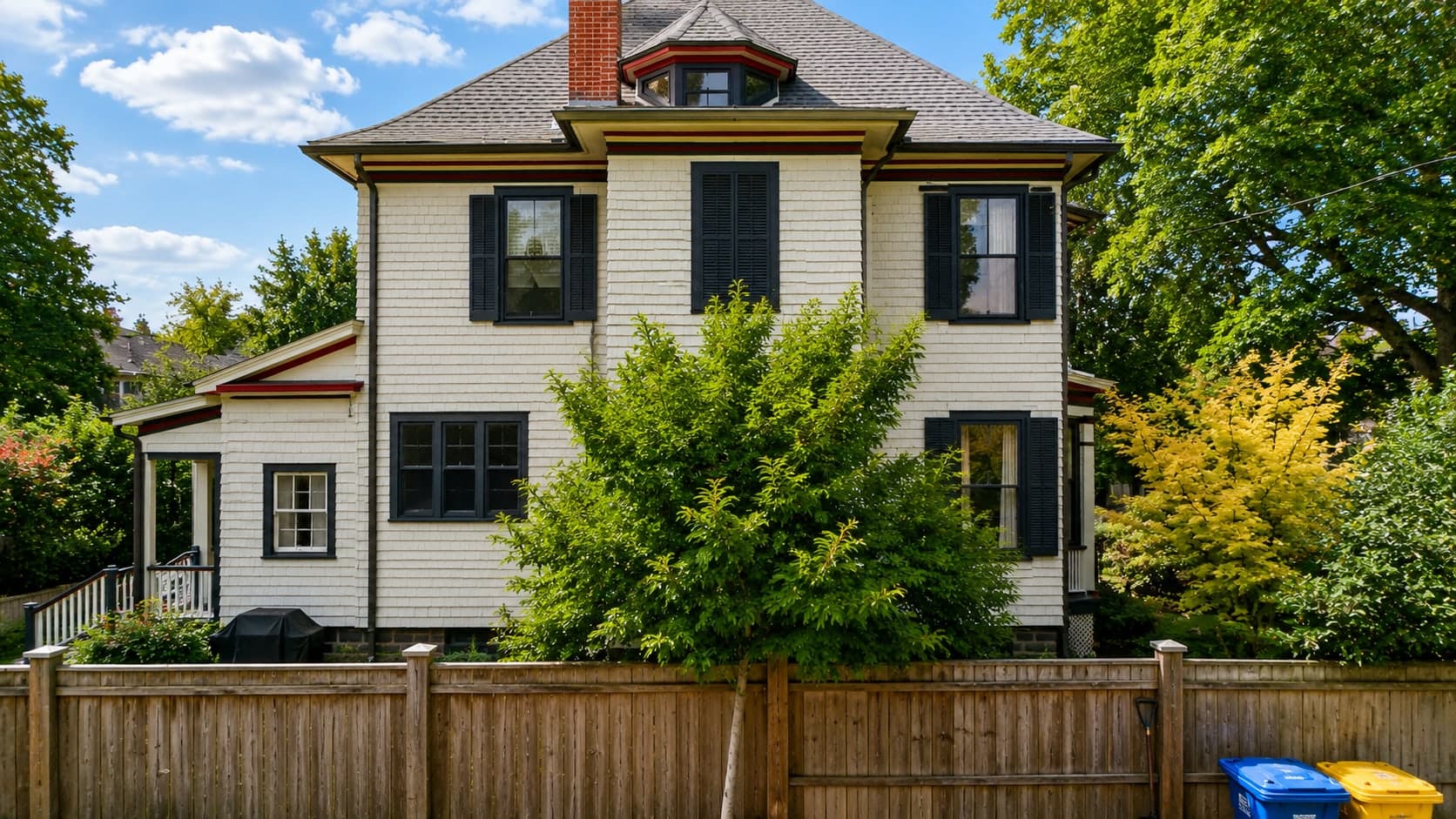Nineteenth-century white clapboard house with black shutters after a full exterior repaint