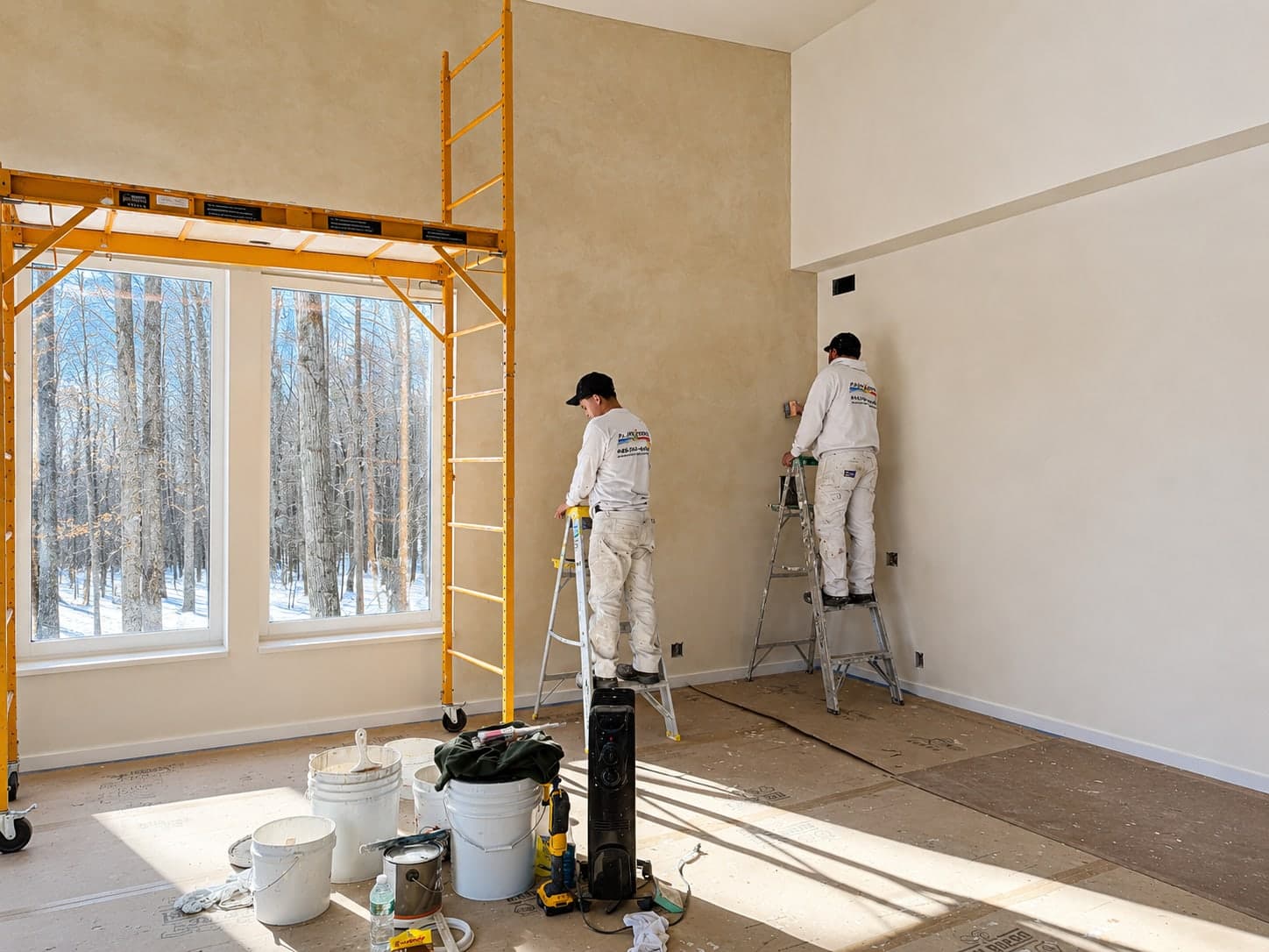 Two PaintXperts painters in branded whites cutting in a double-height wall from ladders and a rolling scaffold, winter woods through the window